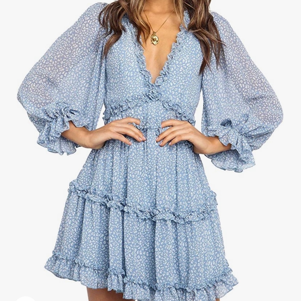 Dokotoo Spring Summer Deep V Neck Ruffle Long Sleeve Floral Print Mini Dress
